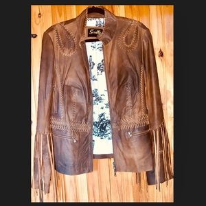 Scully Embroidered & fringed leather jacket L